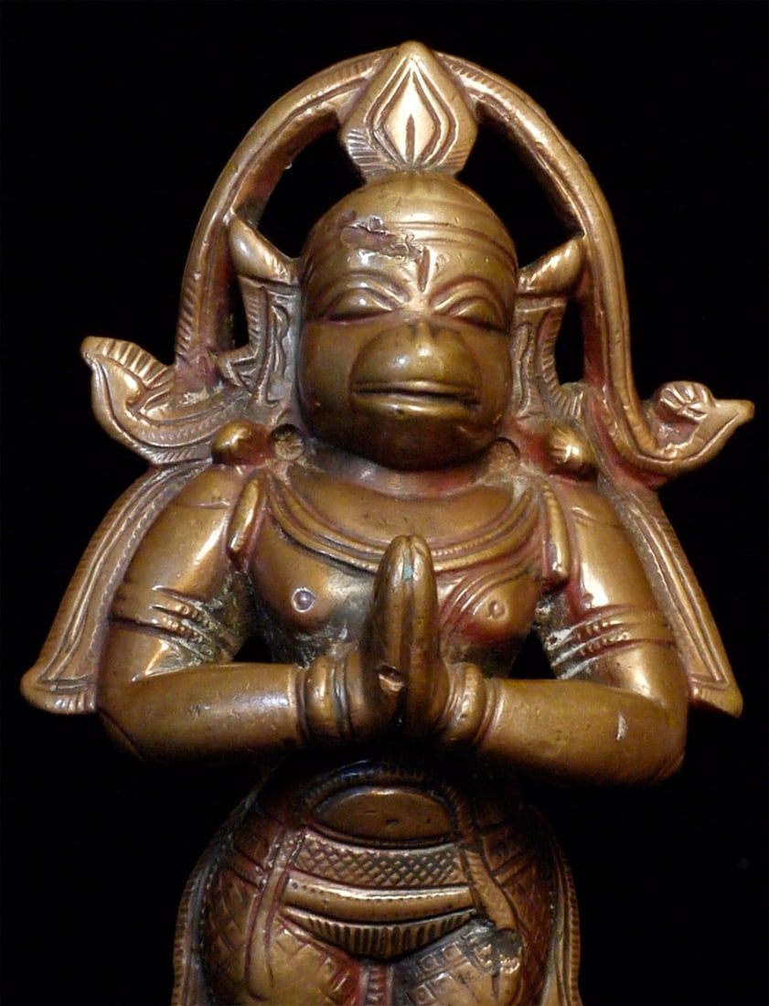 Antique Hanuman sits 5.75 inches tall.: Antique Hanuman sits 5.75 inches tall.