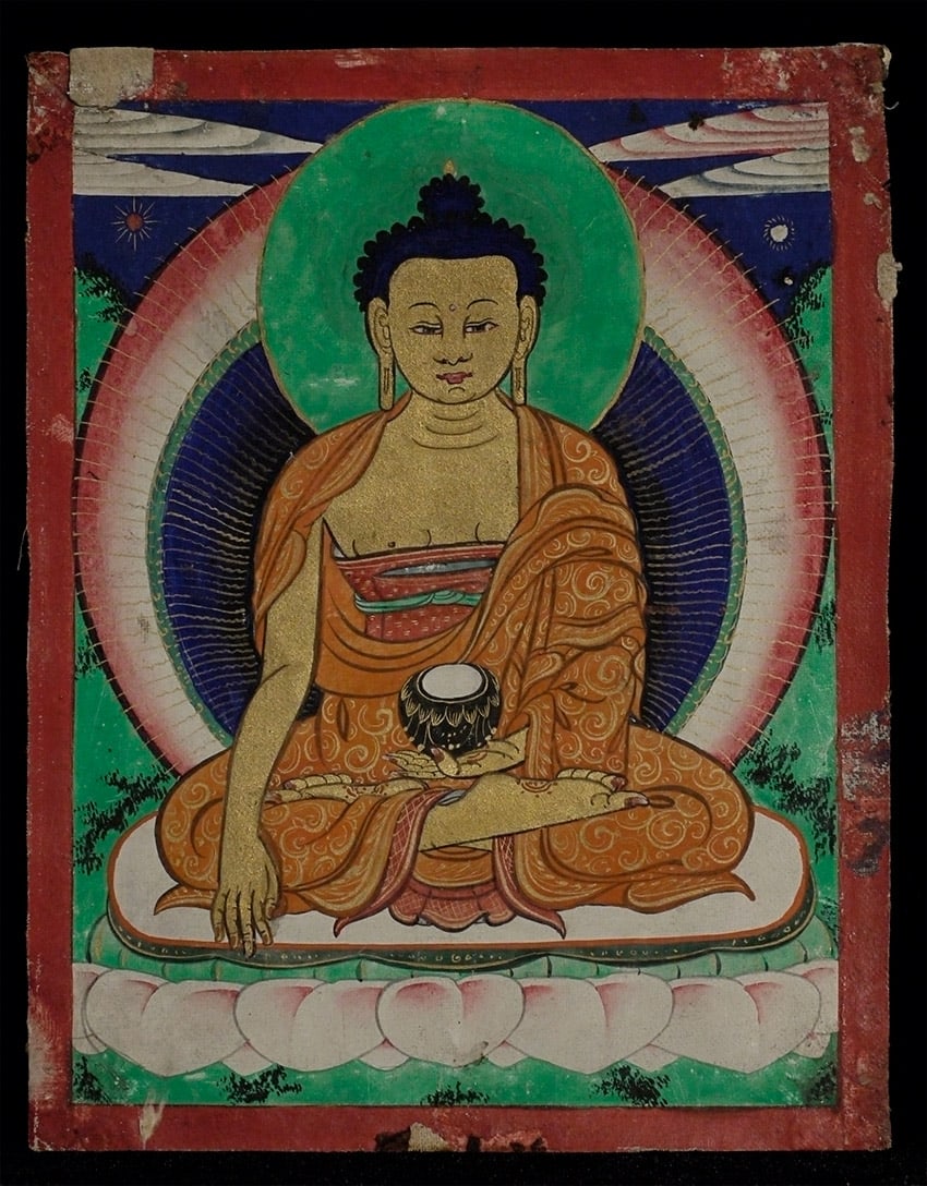 Beautifully Detailed Mongolian Thangka: Good vintage/old Mongolian Thangka. Size is 6 1/8 x 4.75 inches. Wear around the edges as seen in the photos, but actual image is near perfect. Beautifully detailed robes and gilded skin of Buddha.