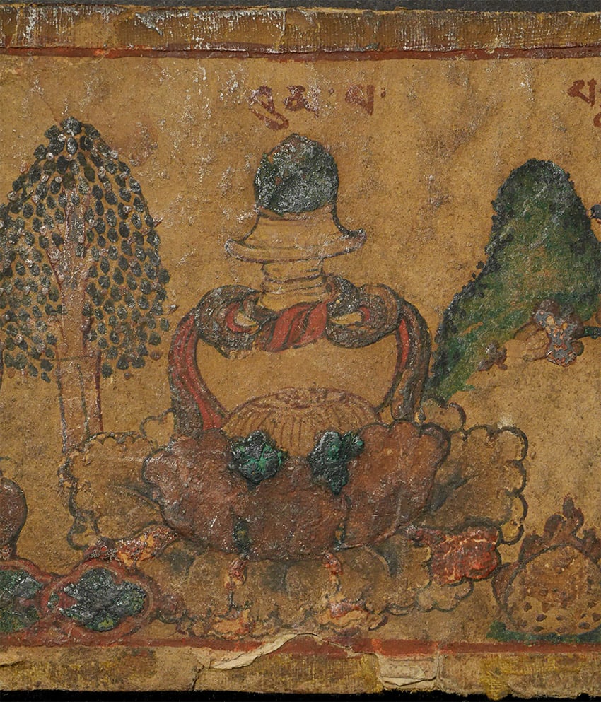 Inside book cover of a Tibetan Sutra.: Inside book cover of a Tibetan Sutra. Worn and folds, through the beautiful painting still comes through. Size is 2 .25 inches tall, 17.25 inches wide.