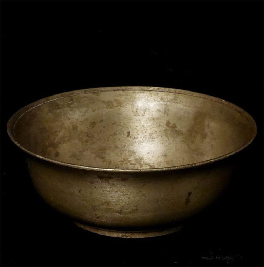 Finely Cast Antique Korean Silver Alloy Bell. Measures: Finely Cast Antique Korean Silver Alloy Bell. Measures 5/8 inches tall with a top diameter of 4 3/8 inches. Purchased in Korea in 1950's while living there during the war. Possibly a bowl, but it ring