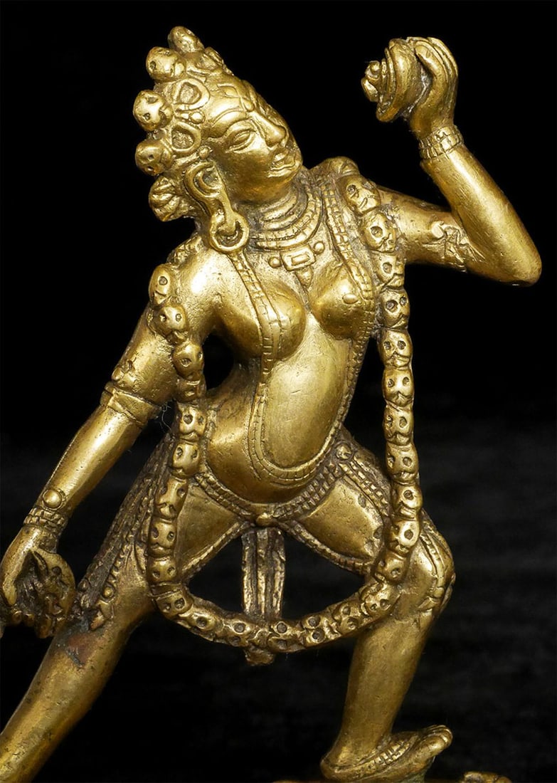 19thC Antique Gilt Bronze Dakini, Stands 5-1/8" Tall: Antique Gilt Bronze Dakini. Probably 19thC. Sits 5-1/8 inches tall. This is the classic form of this intense female emanation. Not as finely cast as some of the early examples, but looks to have been