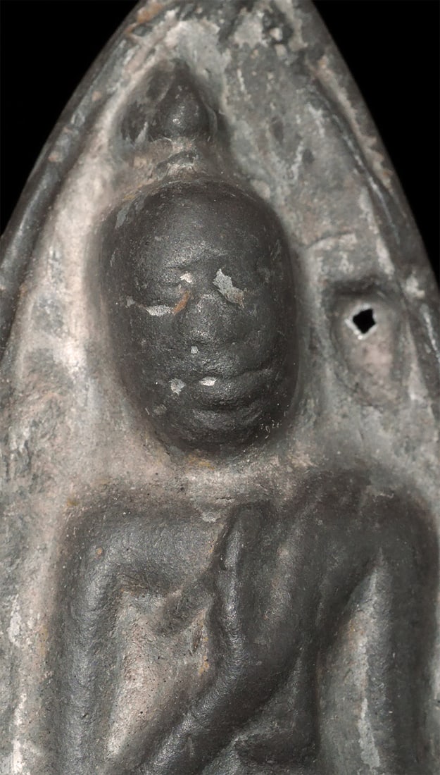 14th/15thC Thai lead/bronze walking Buddha on a custom base: 14th/15thC Thai lead/bronze walking Buddha on custom base. This is an authentic period piece. Worn, but face still shines through brightly.