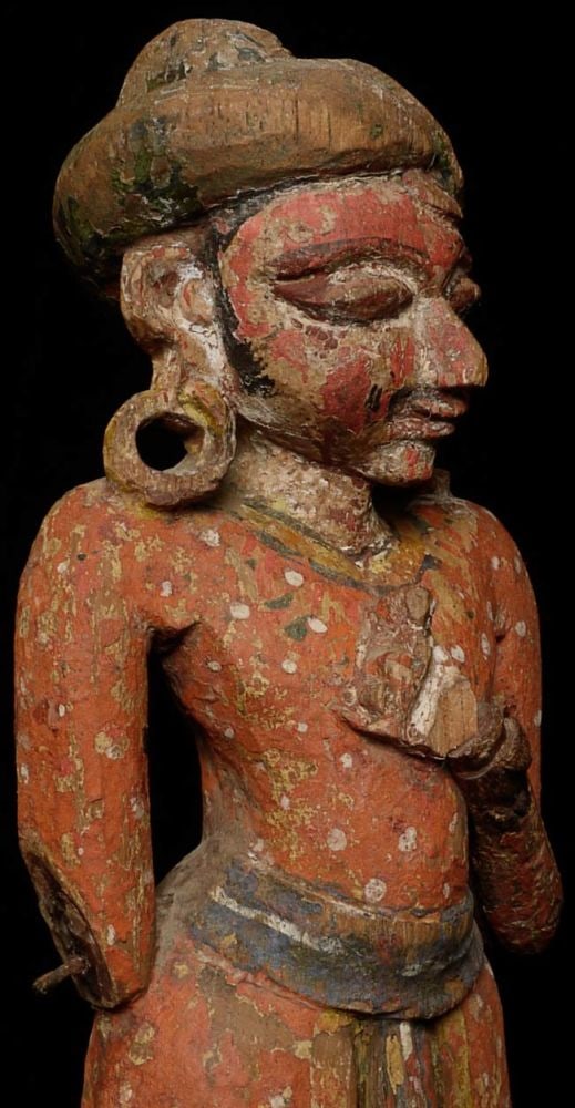 19thC Indian Fellow. -Great Personality: Delightful 19thC Indian Fellow. Stands 12.25 inches tall on a base that is 2.25 inches tall; 4.25 inches square. Losses as seen in the photos. Great face!