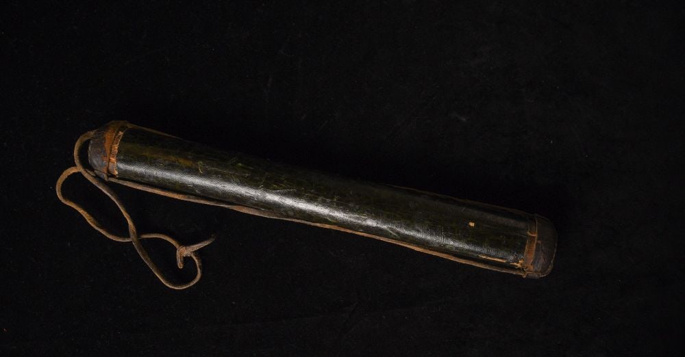 Antique Tibetan Thangka holder or document case.: Antique Tibetan Thangka holder or document case. 14.25". Interior is bamboo- exterior?