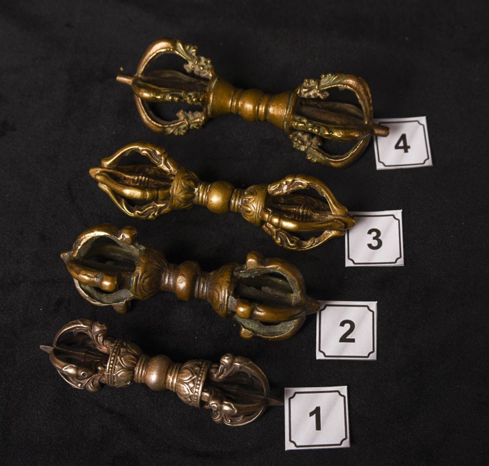 Four bronze (or other metal alloys) Mongolian Dorjes. They each appear to have iron cores. Collected: Four bronze (or other metal alloys) Mongolian Dorjes. They each appear to have iron cores. Collected 25 years ago when smaller antique Mongolian Buddhist items were fairly easy to find in the marketpl