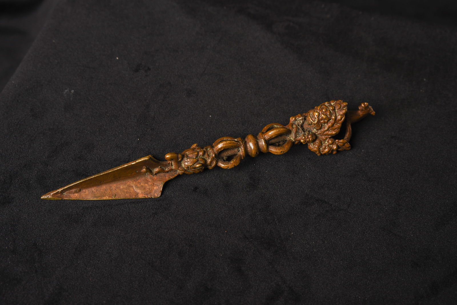 Elaborate bronze (or other metal alloys) early/mid 20thC Mongolian Phurba. Collected 25 years ago: Elaborate bronze (or other metal alloys) early/mid 20thC Mongolian Phurba. Collected 25 years ago when smaller antique Mongolian Buddhist were fairly easy to find in the marketplace. I wound up collec