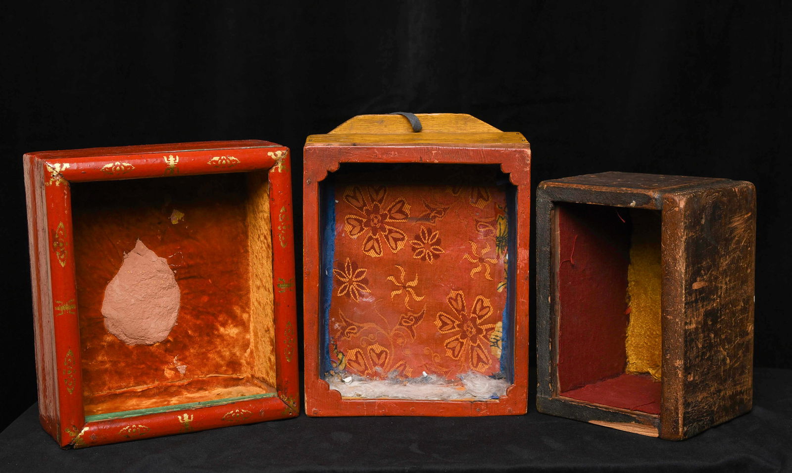 Box Lot #1 This lot consists of 2 large old Mongolian Gau boxes.: Box Lot #1 This lot consists of 2 large old Mongolian Gau boxes plus parts of 2 others plus a partial antique miniature Japanese paper painted piece. The box lots contain items I have accumulated over