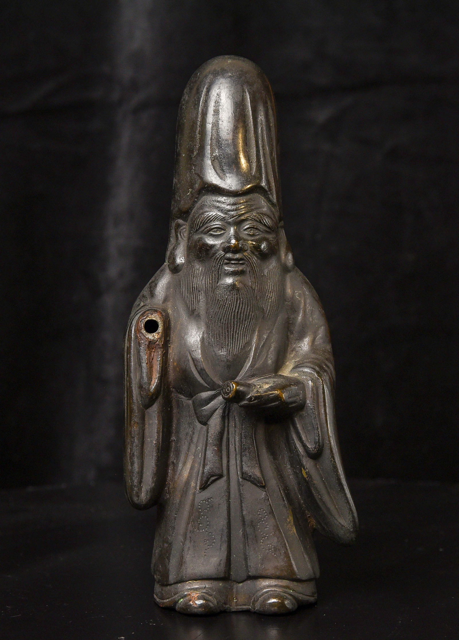 Very nice Chinese god- missing one hand- great face.: Very nice Chinese god- missing one hand- great face. ( 8.25"H x 3.5"W )