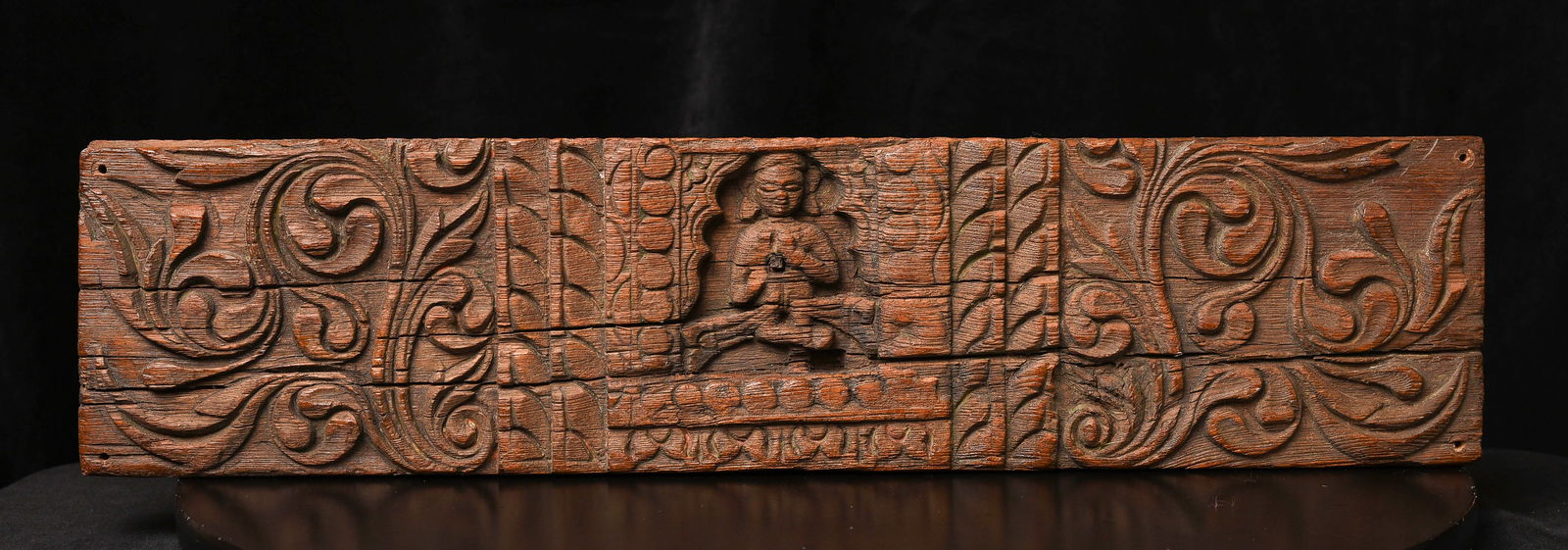 Antique Nepalese or Indian Buddhist/Hindu Wood Carving/Lintel: Antique Nepalese or Indian Buddhist/Hindu Wood Carving/Lintel architectural piece. Nice! Sits 21.5" wide, 5" tall, and 1" deep
