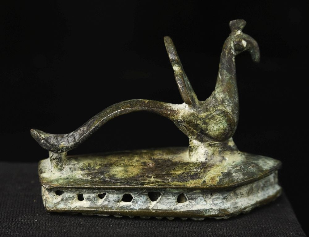 Antique Indian Peacock Stamp w/ Rattle: Antique Indian bronze design stamp of peacock with rattle inside. Lovely patina. Measures 2-1/8 inches tall, bottom measures approximately 1-3/8 x 3. Domestic shipping is included. International shipp