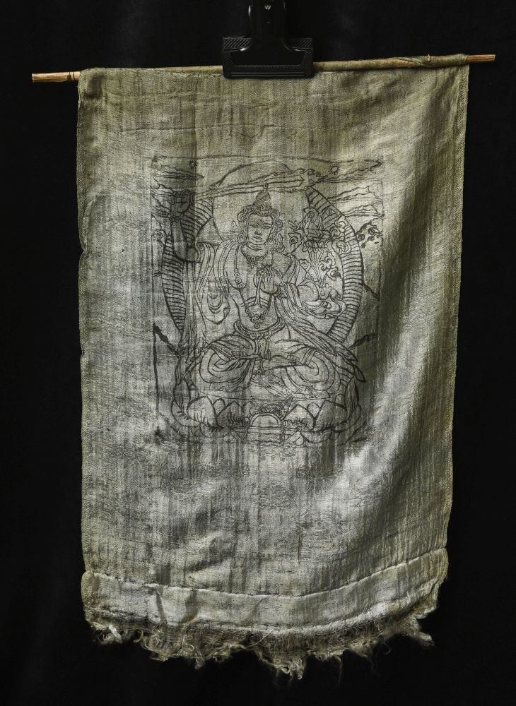 Mongolian Antique Woodblock Thangka, 13" x 22": Mongolian antique woodblock thangka. 13" x 22" (to bottom of fringe)