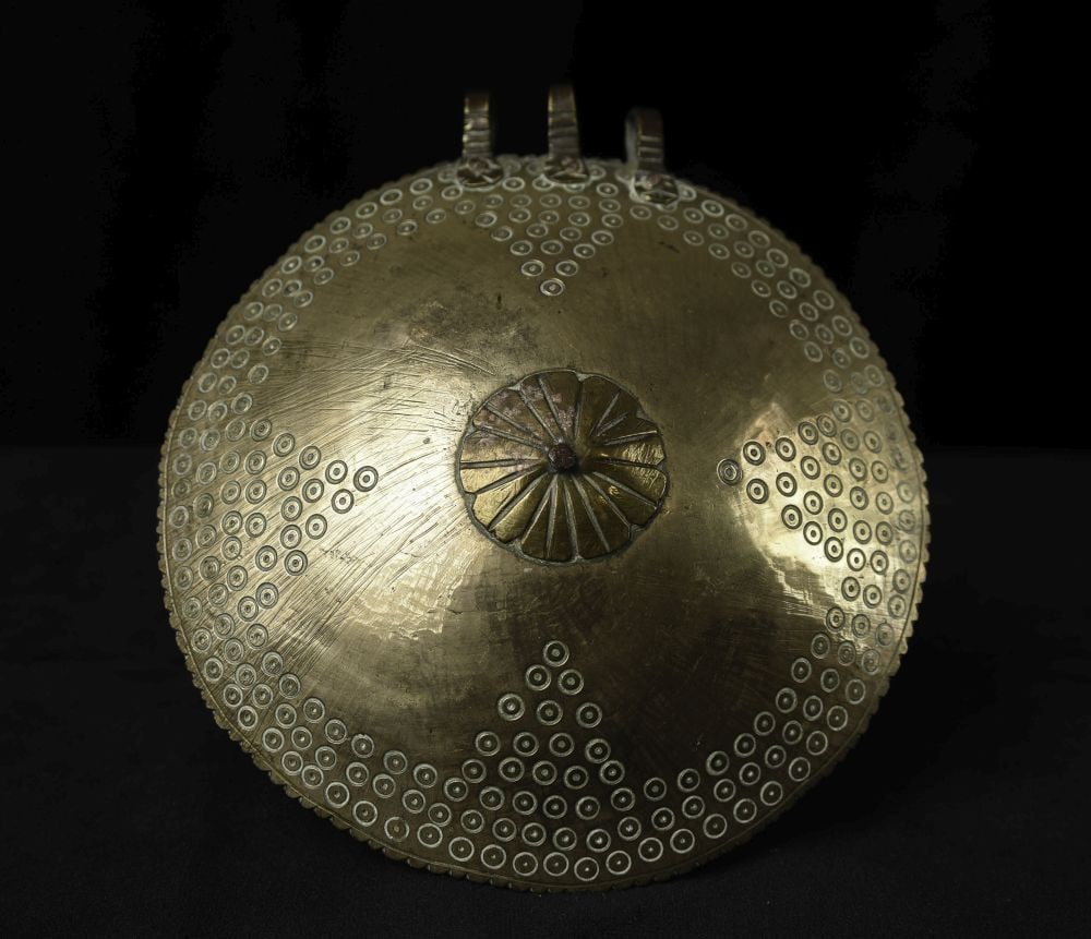 Antique Indian Decorative Chest Piece: Attractive vintage/antique Indian decorative chest piece. Stands 5-1/8 inch in diameter. Text color on bottom enhanced for readability.