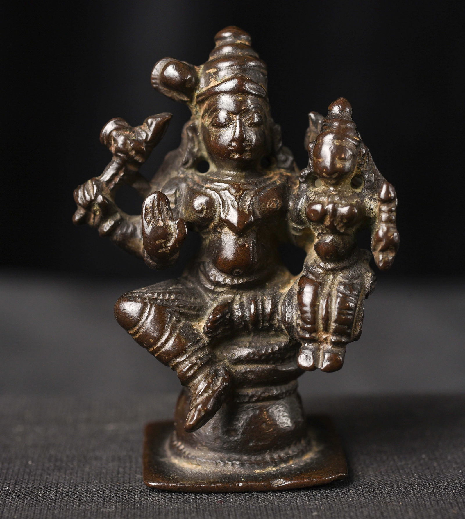 18/19thC Hindu Bronze Deity with consort.: 18/19thC Hindu Bronze Deity with consort. Well-sculpted and cast sculpture that has generations of devotion. The expressive faces, though worn, still shine through. Great example of its type. See in t