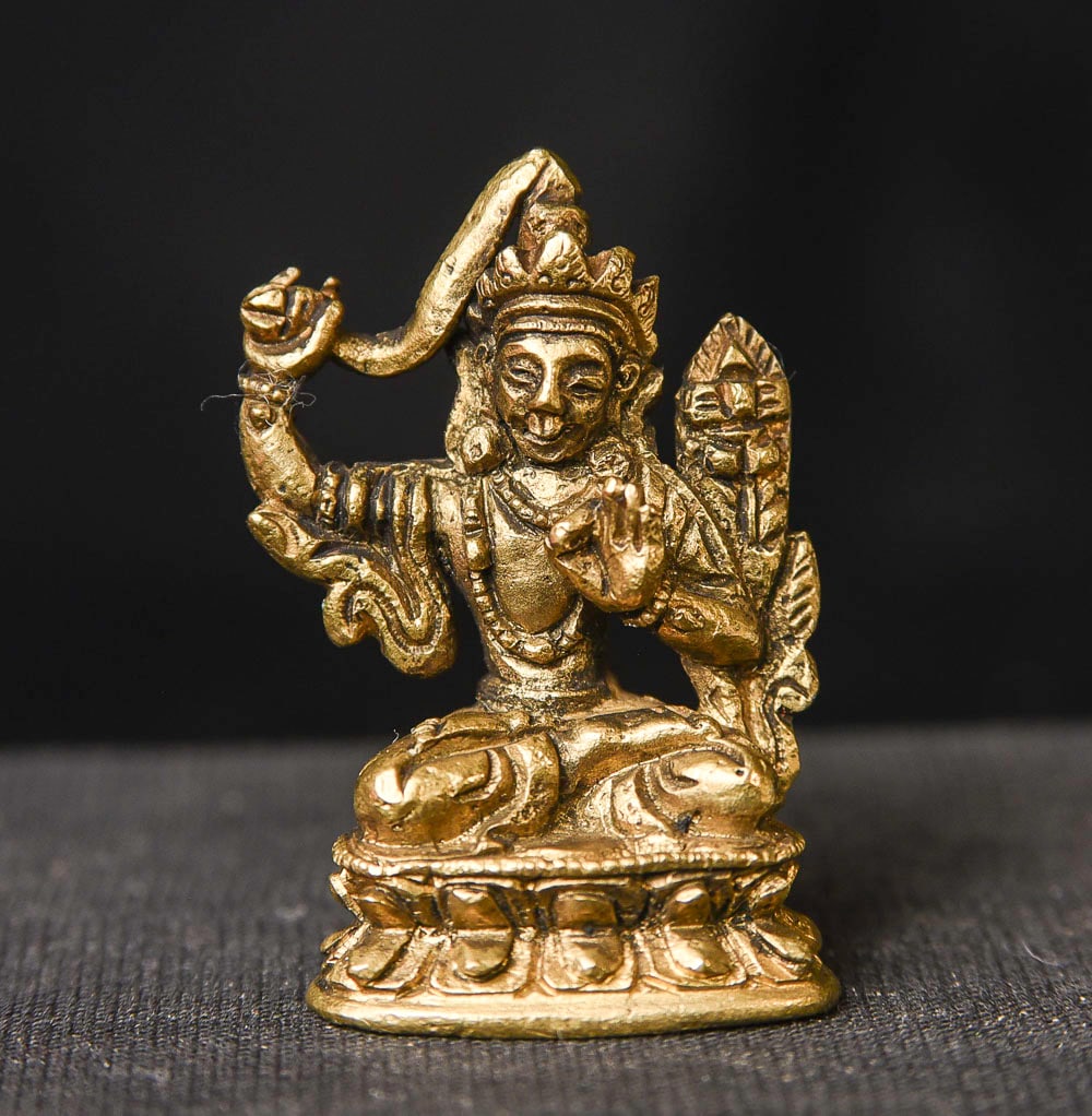 Mongolian Bronze Bodhisattva of Knowledge: Old/Antique Mongolian Bronze Bodhisattva of Knowledge-Manjushri. ( 4.75"H x 1.875"W x 1.75"D ) - 410g