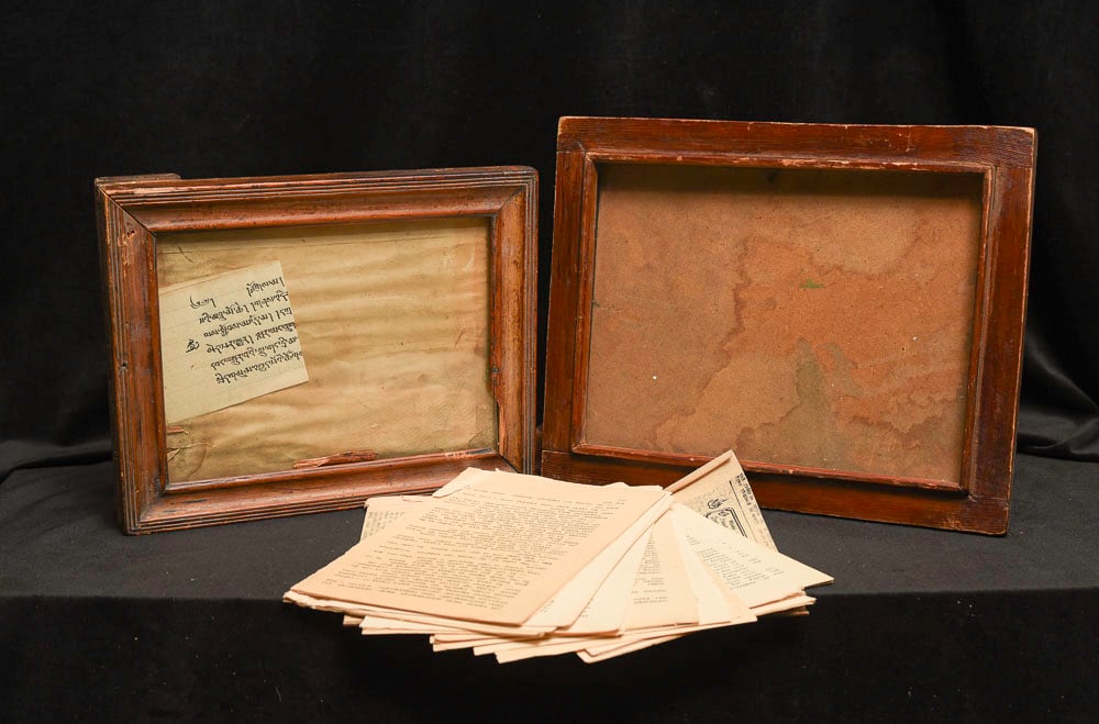 Boxlot_19 2 Antique Mongolian Thangka Frames- some damage to one, plus papers: Boxlot_192 Antique Mongolian Thangka Frames- some damage to one, plus papers and prayers on Mongolian found in one of them behind a Thangka. - Benefit from a major cleanup of my inventory!