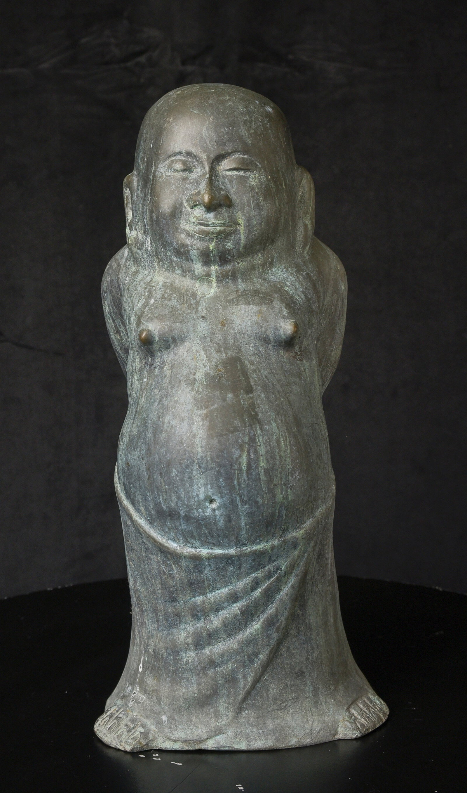 Large Vintage/Antique Standing Chinese Bronze Hotai/Buddha-: Large Vintage/Antique Standing Chinese Bronze Hotai/Buddha- Possibly in a covered garden or other protectedoutside area for a long period of time, as appears to show significant effects of the element