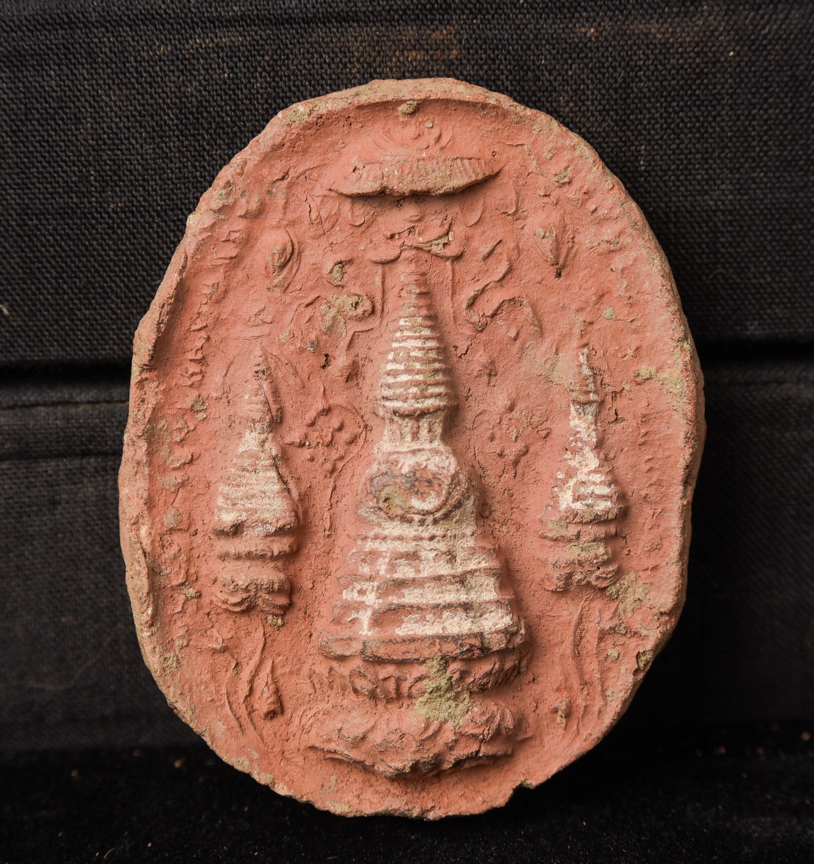 RARE11/12thC Tibetan Buddhist Clay Tablet.: RARE11/12thC Tibetan Buddhist Clay Tablet. Unusual type, with a Stupa on one side and a prayer (maybe clear enough to read as it is so well cast if you could understand the language. Beautiful and