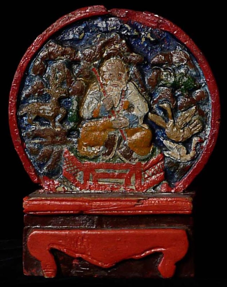 Antique Mongolian carved wooden altar stands 7" tall, (1 of 7)