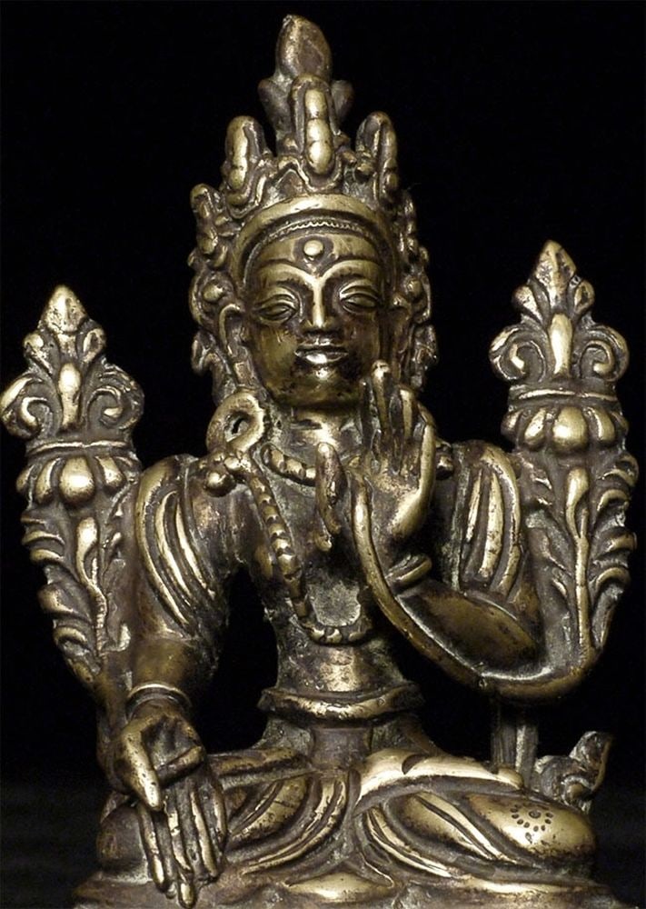 19thC or earlier Nepalese/Himalayan Bodhisattva -Beautiful: 19th or earlier Nepalese or other Himalayan Bodhisattva. Unusual type, with what appears to be a separate (thinly) cast base that has broken into 2 parts, revealing its contents. Stands stably with