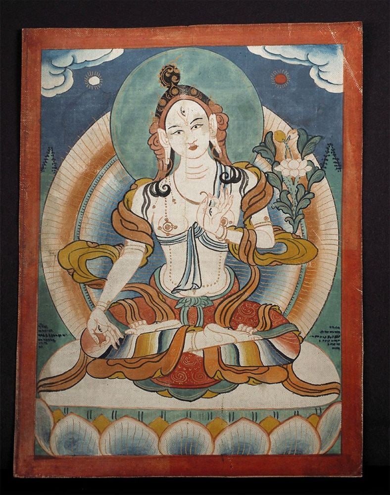 A vintage/old Mongolian Thangka.: A vintage/old Mongolian Thangka - The Thangka measures approximately 7.25" x 5.5"Domestic shipping is included, and international shipping is $50, including packing and insurance to anywhere in the