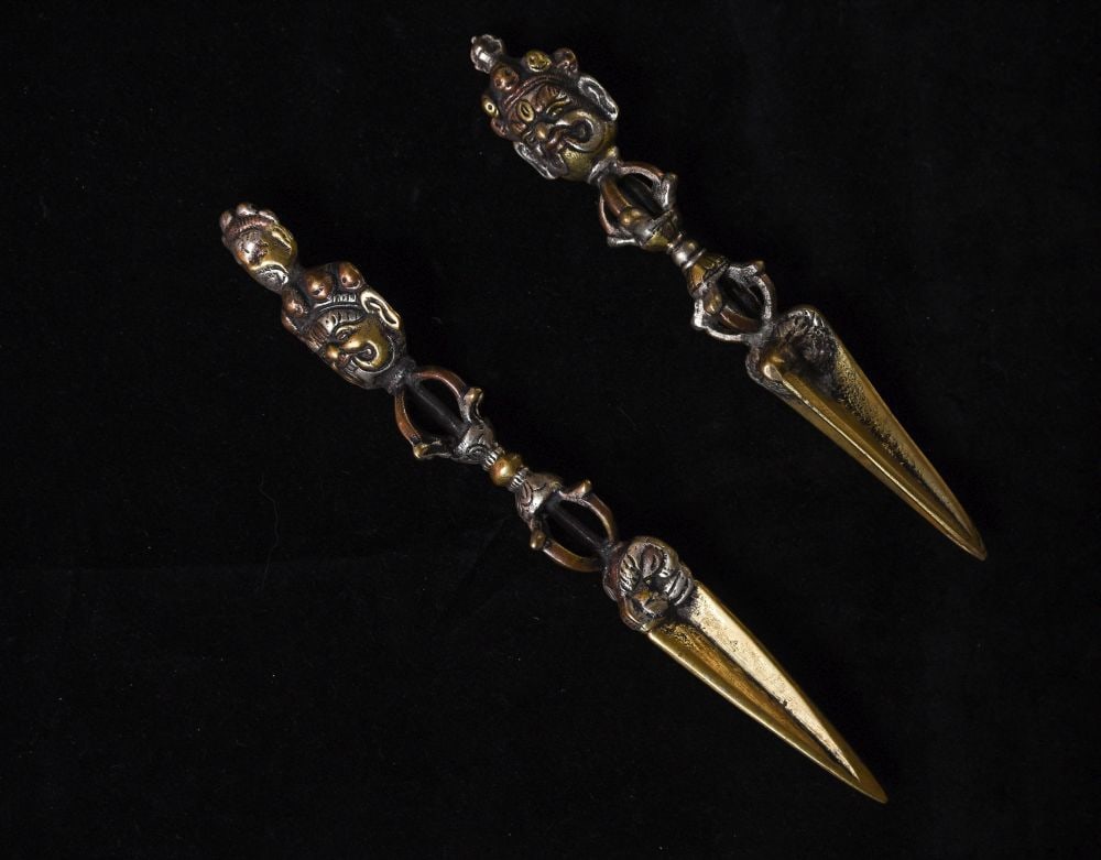 Antique Bronze Mongolian ritual implements (Two) elaborate: I recently found a box of Mongolian ritual implements that I collected in the 1990s when Mongolia was first opening up to the West after the fall of the Soviet Union. Most were made of different color