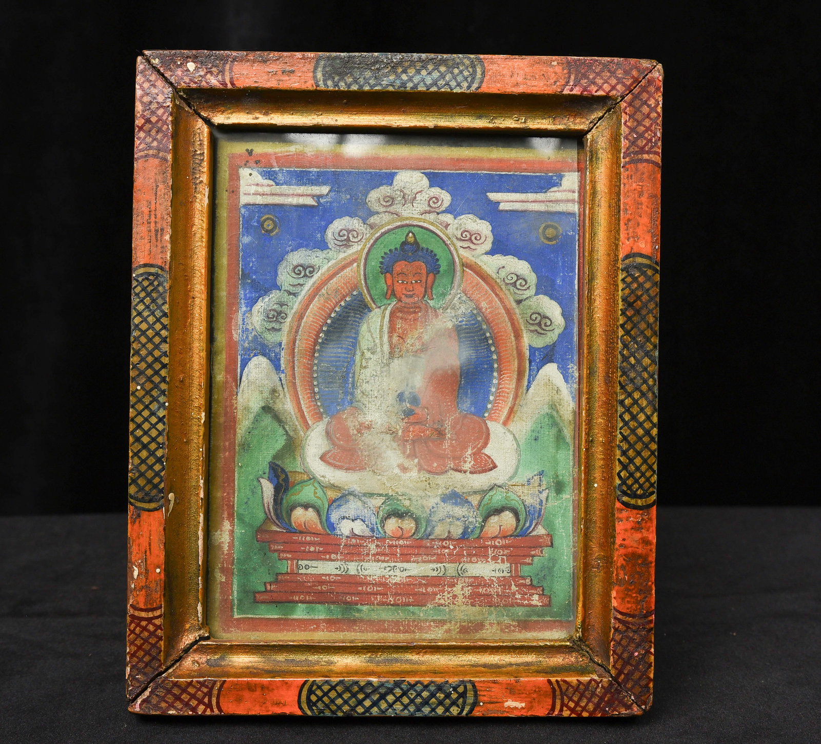 Old Framed Thangka, 7.5" x 5-7/8": Old framed thangka. Frame measures 7.5" x 5 7/8" x .75"