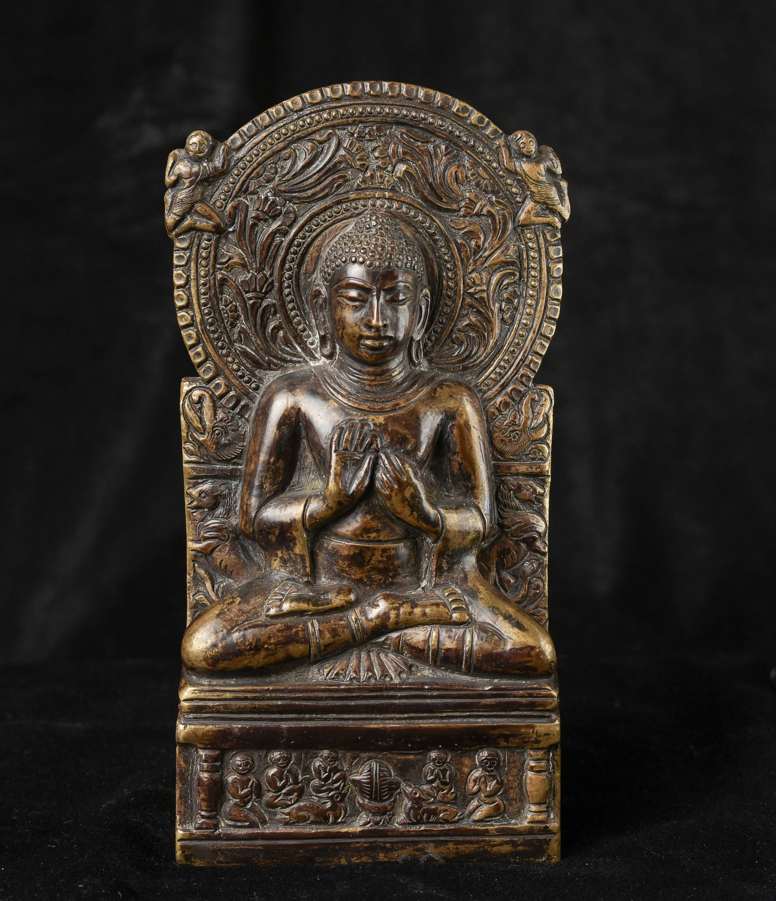 18-20thC Indian Bronze Buddha Stele. Nice patina.: 18-20thC Indian Bronze Buddha Stele. Nice patina. Some wear-see photos. (6.25"H x 3.25"W x 1.25"D) - 2lbs / 935g.