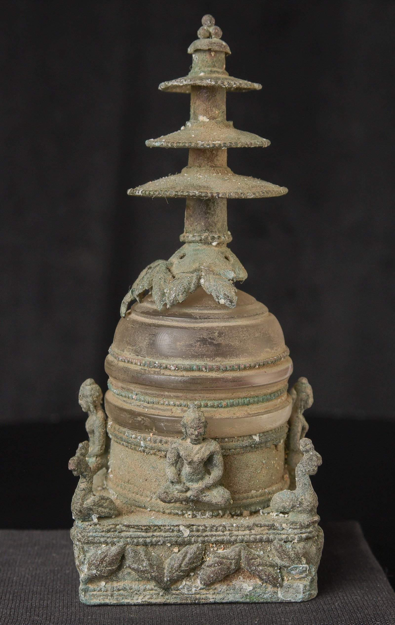 Bronze and ancient glass Buddhist Stupa, possibly in the style of Gandara. (1 of 18)