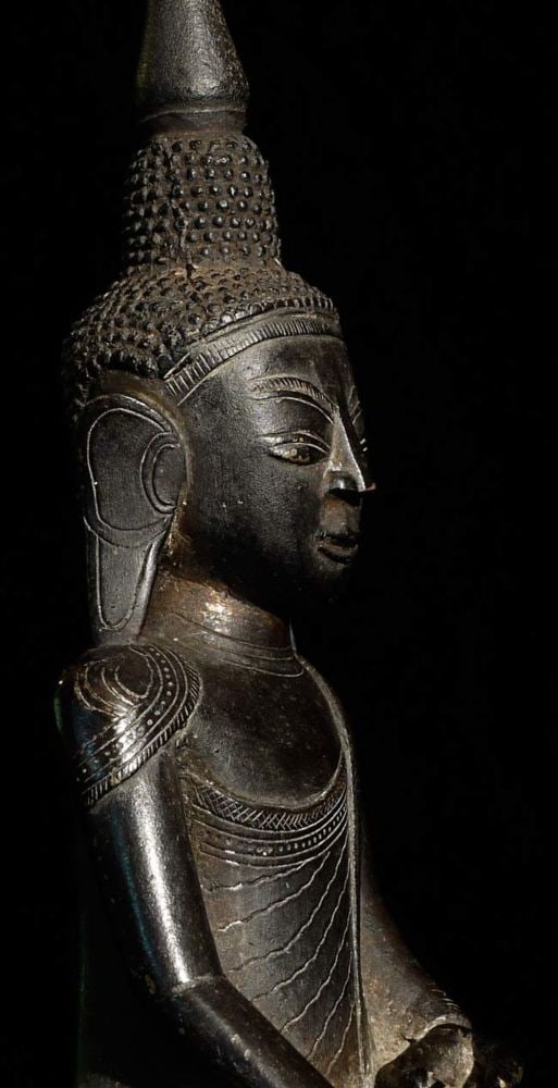 Fine 19thC Burmese Bronze Shan Buddha. Nice size at: Fine 19thC Burmese Bronze Shan Buddha. Nice size at 10.5" tall, base measures 5.5" x 2.75". Wonderful patina, and great presence.