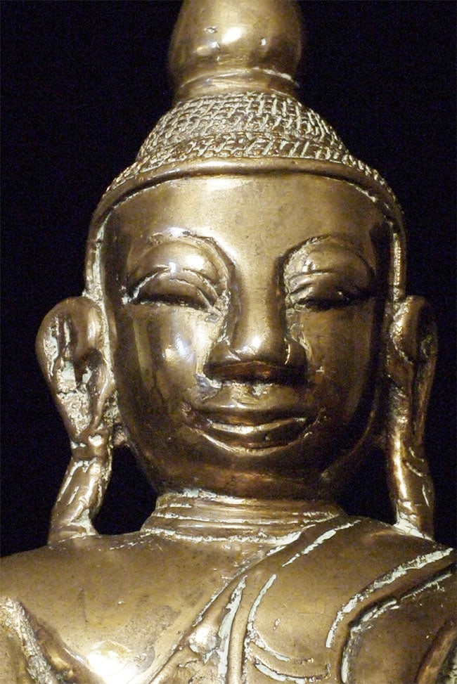 18thC Large Bronze Buddha, 11" Tall Shan Style: Large Burmese 18thC Mon style bronze Buddha. 11 inches tall including attached wooden base.