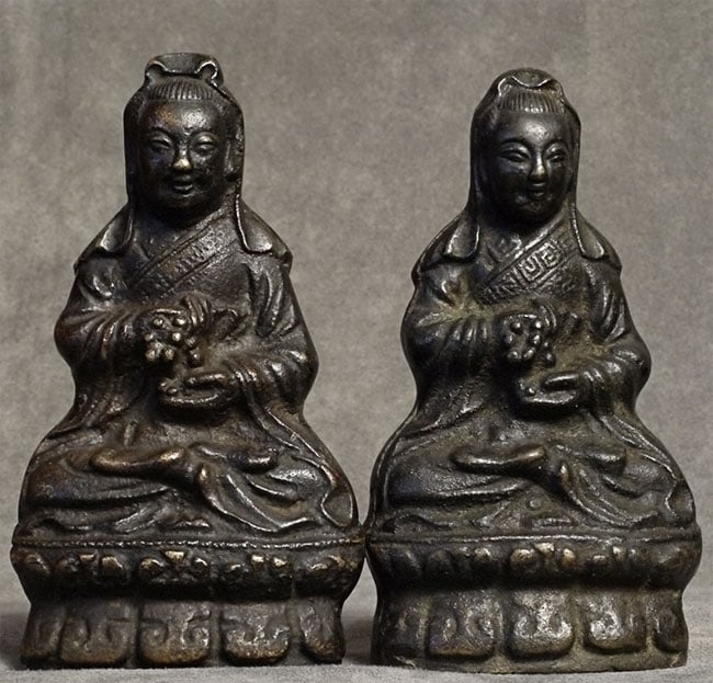 Pair of Antique Chinese Quanyin Figures- Found 10 years a part and brought together.: Pair of vintage/antique Chinese Quanyin figures. Each sits 5 inches tall. I purchased these 10 years apart. Take a look at the remains of the inscriptions. Almost surely from the same workshop, and