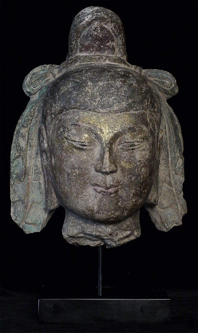 Chinese Tang Style Stone Buddha Head- Nicely Carved: Large and beautiful Tang Style Buddha head out of a Beverly Hills estate. Purchased by the previous owner in 2001 from a high end New York Gallery for 5,000 dollars. Beautifully carved- Looks to have