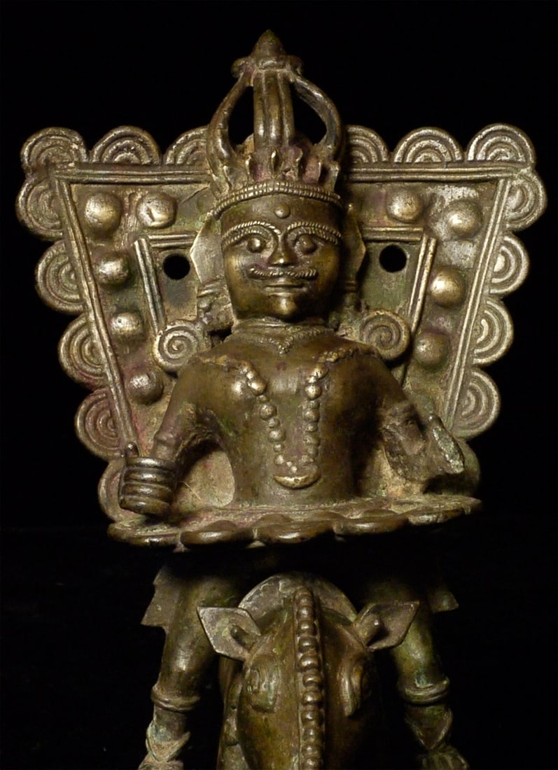18/19thC Panjurli Bhuta- Kerala Region-Exceptional Indian Hindu Bronze on Boar: Antique Panjurli (The boar) Bhuta from Kerala Region. Measures 6-1/8 inches high. In Tulu Nadu, hordes of boars often invaded and destroyed the cultivated lands so the farmers started worshipping and