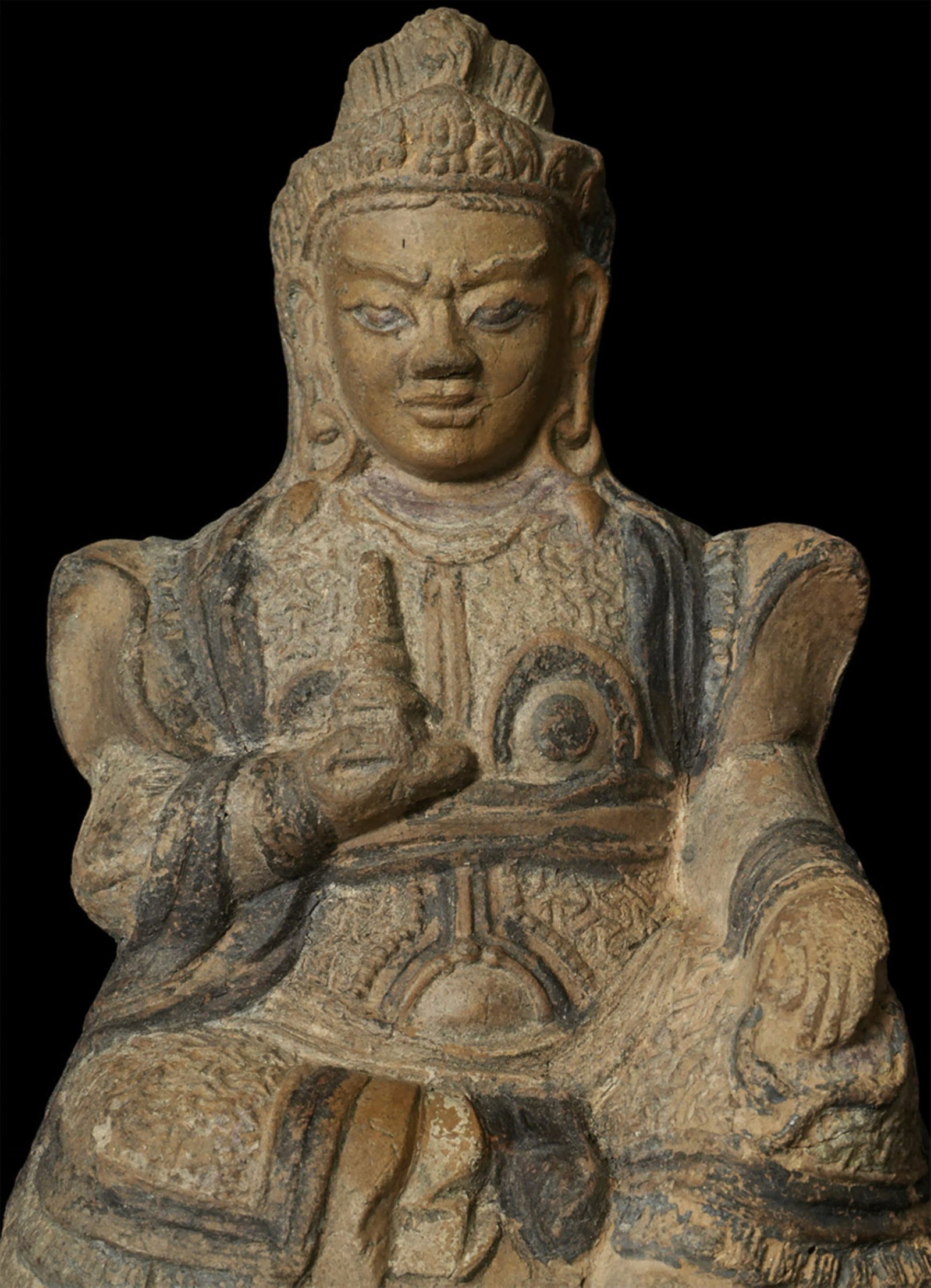 Antique Chinese Pottery Figure: Antique Chinese or Tibetan pottery figure of Li Jing, who carries a pagoda which contains magic powers. I believe the blue and white polychrome are original. Some loss/cracks to the base, but no