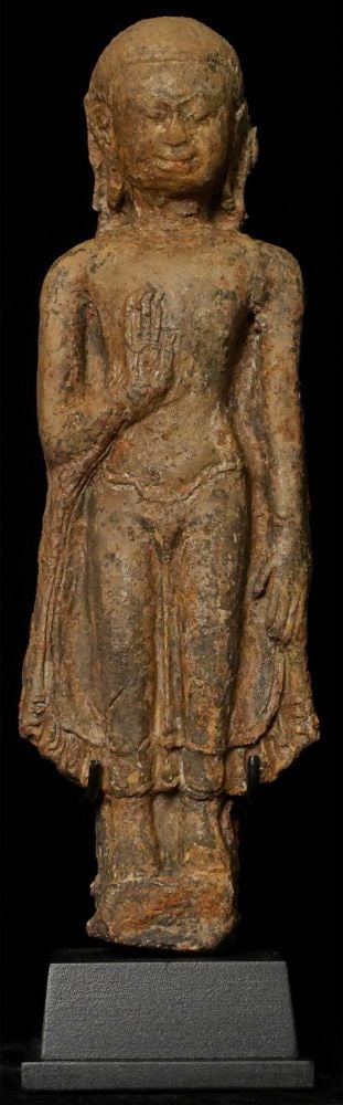 Rare 13thC Northern Thai Haripunchai terracotta: Rare 13thC Northern Thai Haripunchai terracotta standing Buddha. Extremely hard to find in complete condition. Significant wear, though the expressive face shines brightly and clearly. Very good size