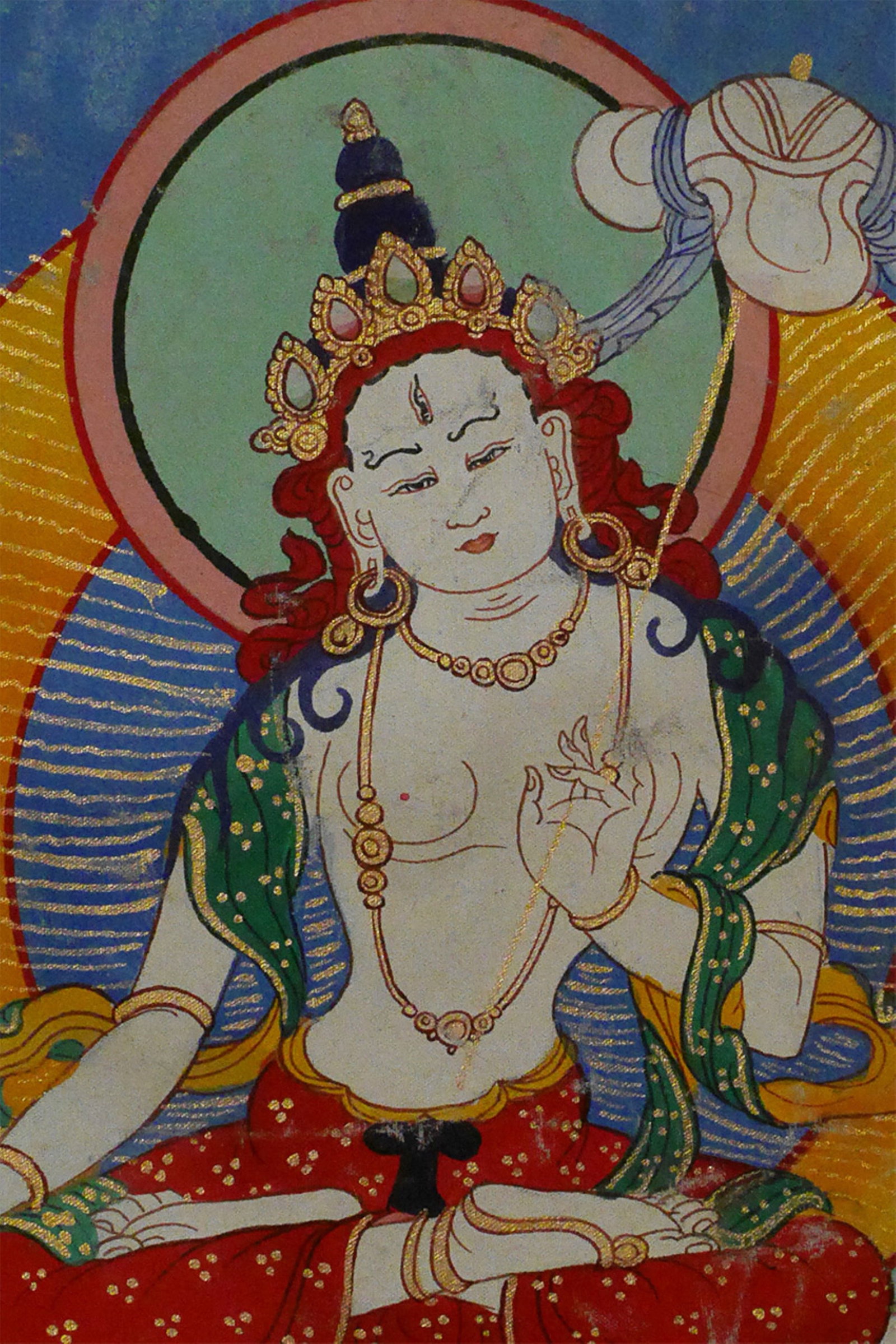 Tibetan or Mongolian antique thangka of White Tara,: Tibetan or Mongolian antique thangka of White Tara, Measures 7 5/8 x 9 5/8 inches. Beautiful! Some creases- otherwise superb in every way.