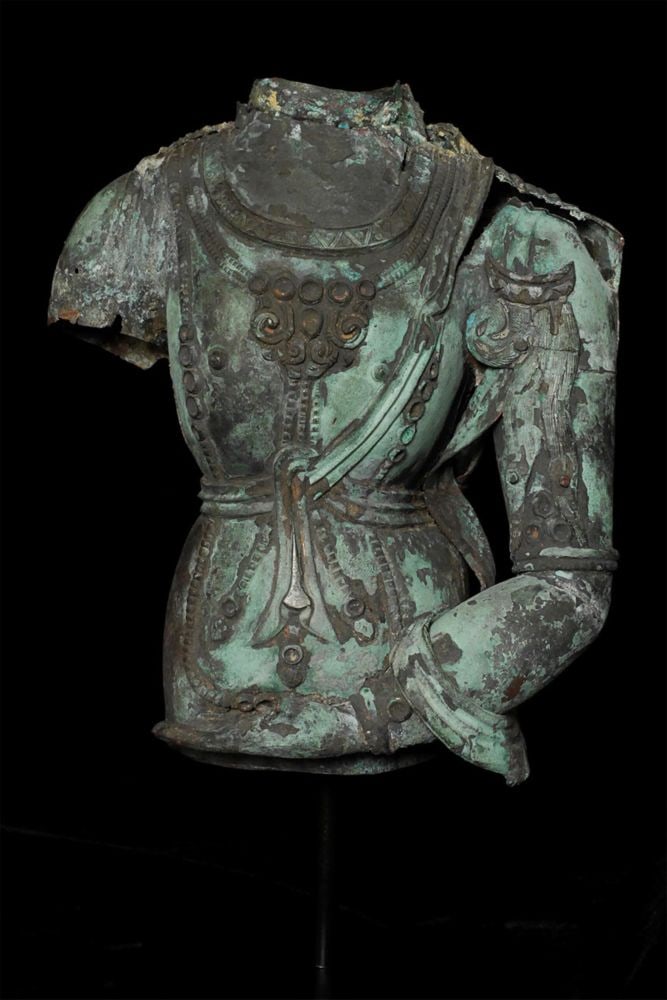 Beautiful 18thC/earlier Mongolian copper Buddha torso: Beautiful 18thC Mongolian copper repousse torso of Buddha or Bodhisattva. Nice size - 5.75" tall, 8.75 inches on custom stand. Superb, complex, and sophisticated- would have been a world class piece.