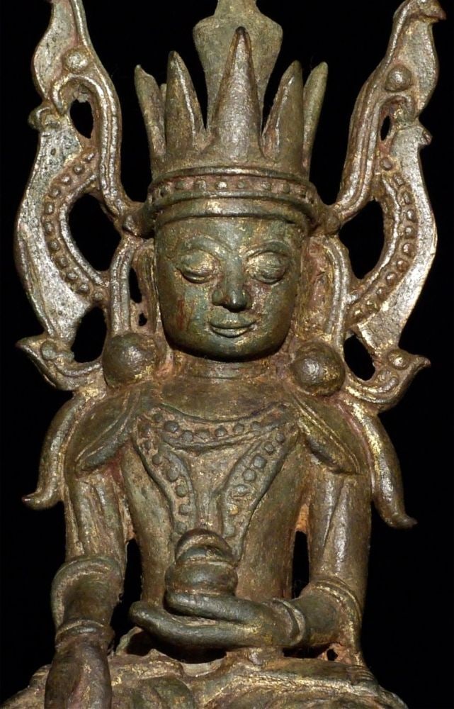 Classic 18thC Burmese "JAmbupati" Buddha.: Classic 18thC Burmese "JAmbupati" Buddha. Nice example with a very sweet face. 8.75" tall, 11 inches on custom stand