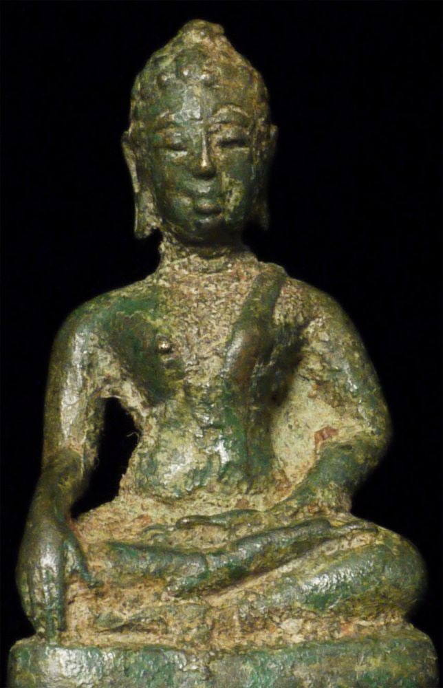 14/15thC true miniature Thai bronze Buddha. Very fine and rare.: Rare 14/15thC true miniature Thai bronze Buddha. Remains of deeply encrusted soil which indicates long burial. Sits 1.75 inches tall, 3 inches on a custom base. There are many emulations and