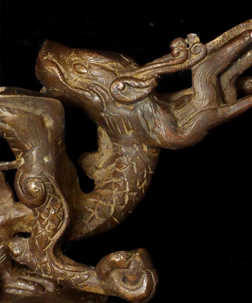 Antique Solid-cast Mongolian deity on dragon. - 7