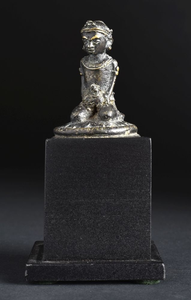 14th Century Fine and refined Indonesian Bronze Majapahit Miniature Figure- Gold Highlights..: Fine 14th Century Indonesian miniature figure. 1 5/8 inches tall, 3 7/8 inches on custom stand. Of best Majapahit quality.
