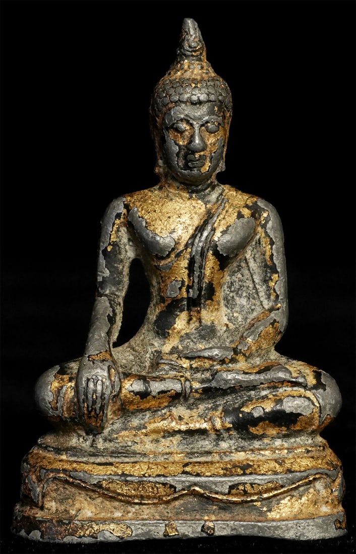 16/17thC Thai Bronze Buddha. Beautifully Sculpted, Cast, Finished. Miniature!: Thai Bronze Bronze Buddha- A true 16/17thC example-possibly a bit earlier . Very rare- especially as a true miniature. Some original lacquer and gilding remain. 1 7/8" tall, 2 7/8 inches on a custom s