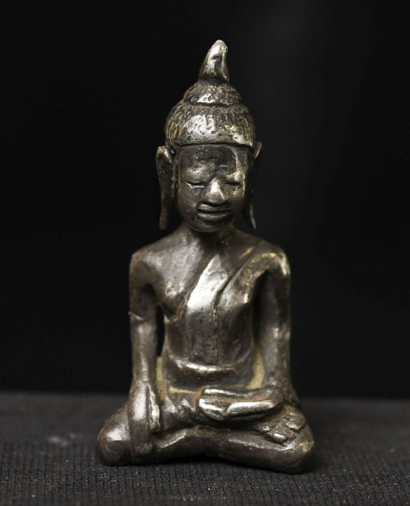 18thC Solid Cambodian Miniature Silver Buddha, - 2