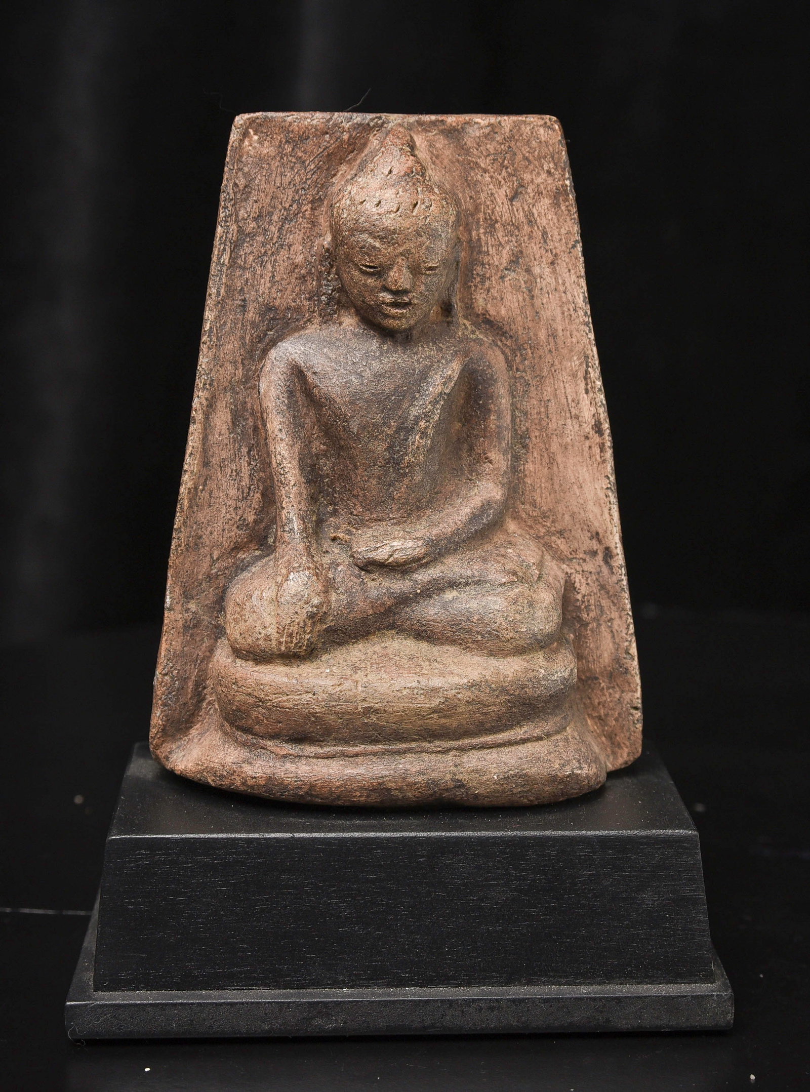 15-17thC Burmese Buddha-probably Ava or Arakan style,: 15-17thC Burmese Buddha-probably Ava or Arakan style, though I am unsure. Very unusual type I have not seen before-cast in the 3/4 round our of clay. Very expressive face.( 4.5"H x 3.375"W x 1.5"D ) -