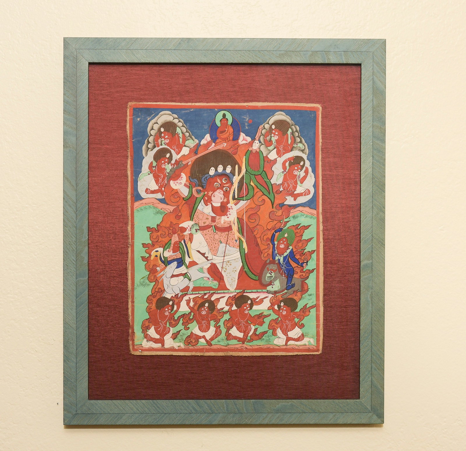 Antique Mongolian Thangka-Fierce Protective Deity, Excellent Quality! Finely Framed (1 of 10)
