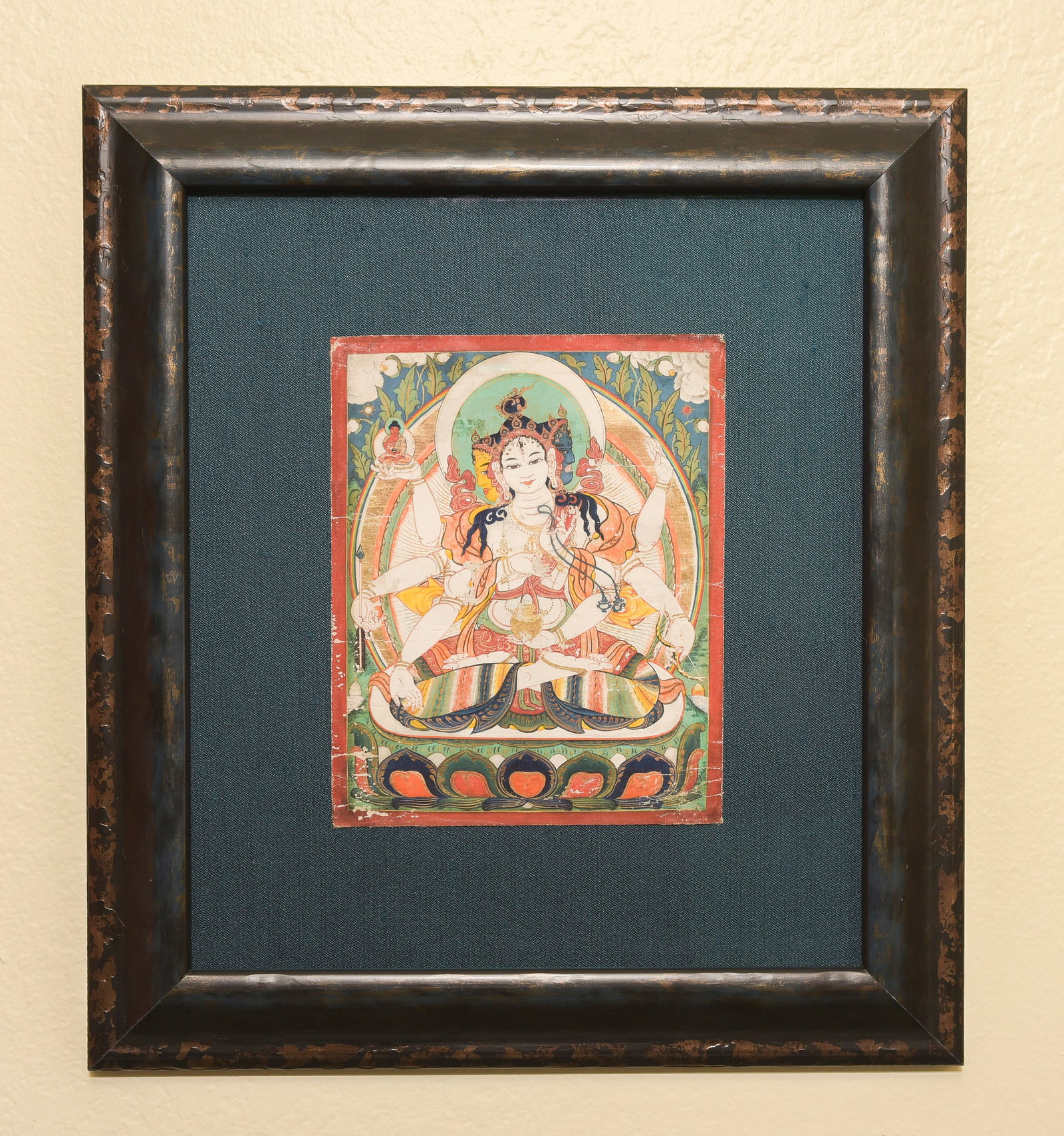 Antique Mongolian Thangka of 3 Face 6 Arm Bodhisattva-Best framing (1 of 8)