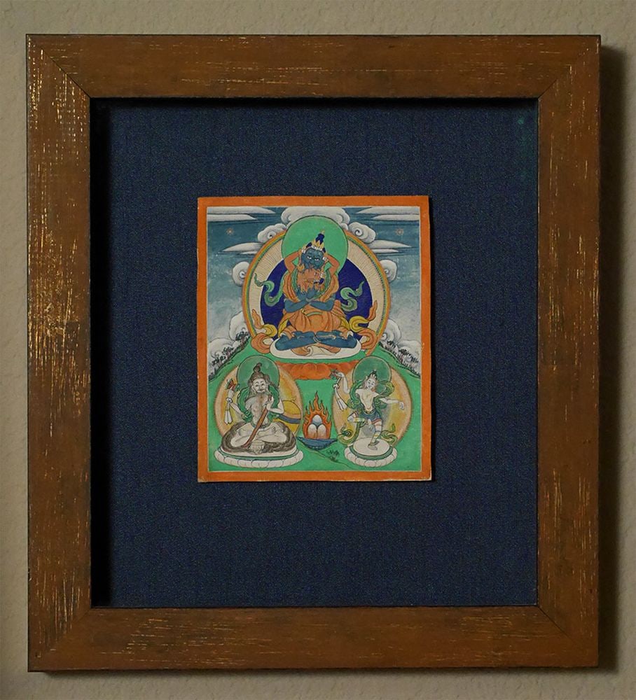 Exquisite Single Hair Painted Mongolian Thangka-Expensively Framed: A single hair painted antique Mongolian Thangka. Although it is small in size but is one of my very finest. The thangka itself is 4.25 x 5.25 inches, and the frame is 10.5 x 11.75 inches. Custom mat a