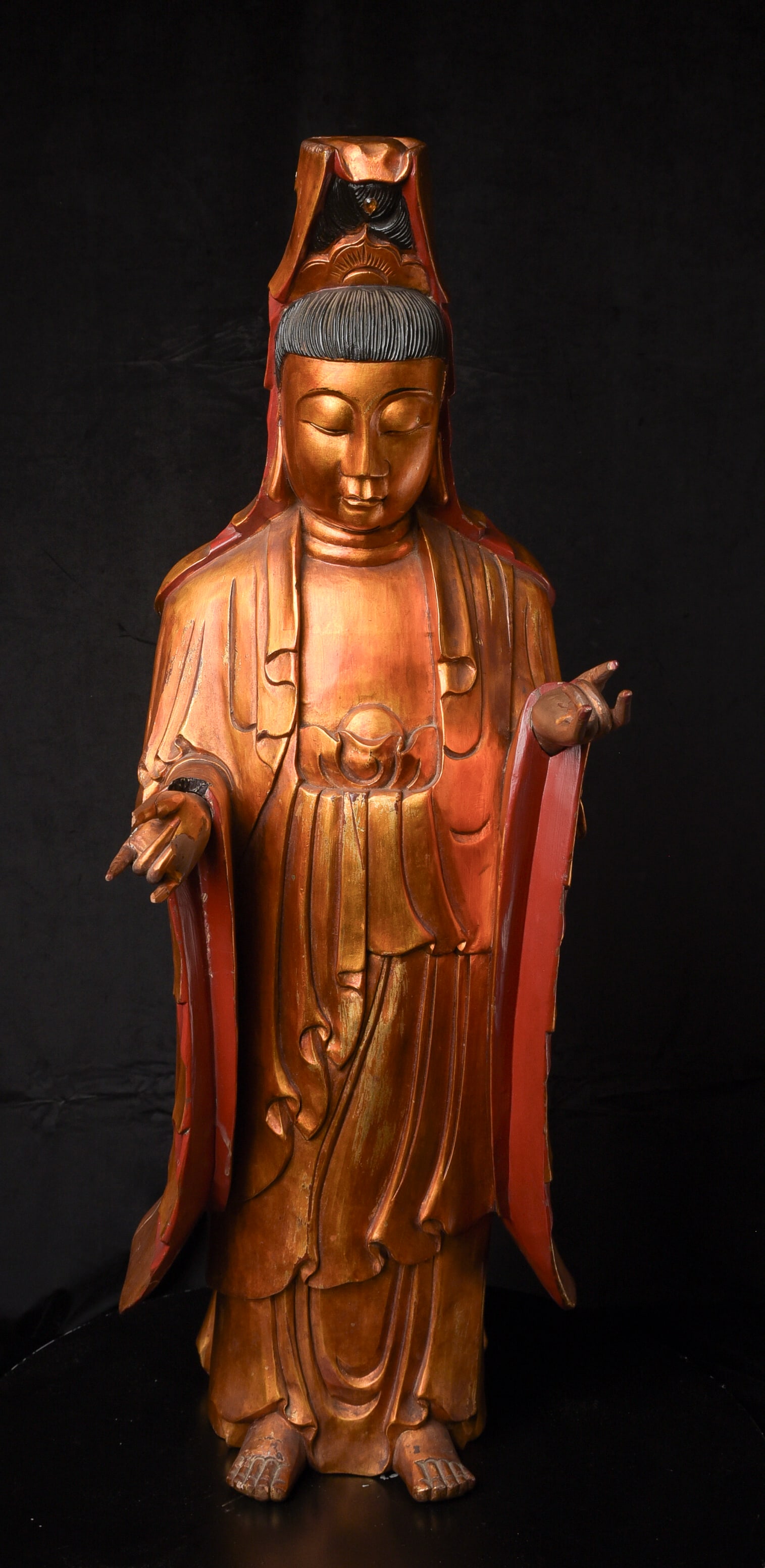 Large 18/19thC Chinese Quanyin carved out of wood and lacquered.: Large 18/19thC Chinese Quanyin carved out of wood and lacquered. ( 31.5"H x 11"W x 11"D ) - 18lbs. Few dings and minor losses as seen in photos, but overall in excellent condition- vibrant and clean. 