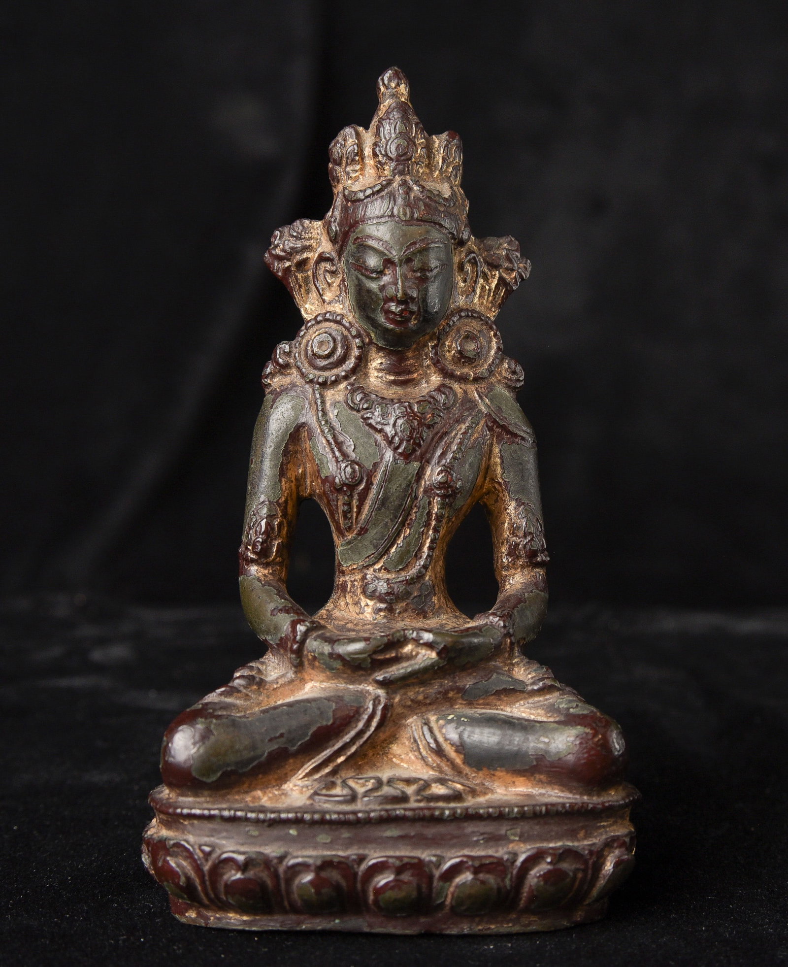 18th C Tibetan or Nepalese Bodhisattva of long life: 18th C Tibetan or Nepalese Bodhisattva of long life cast in bronze, or possibly a Burmese example cast in Arakan to emulate the Tibetan type (the bronze, lacquer and gilding, and something about the