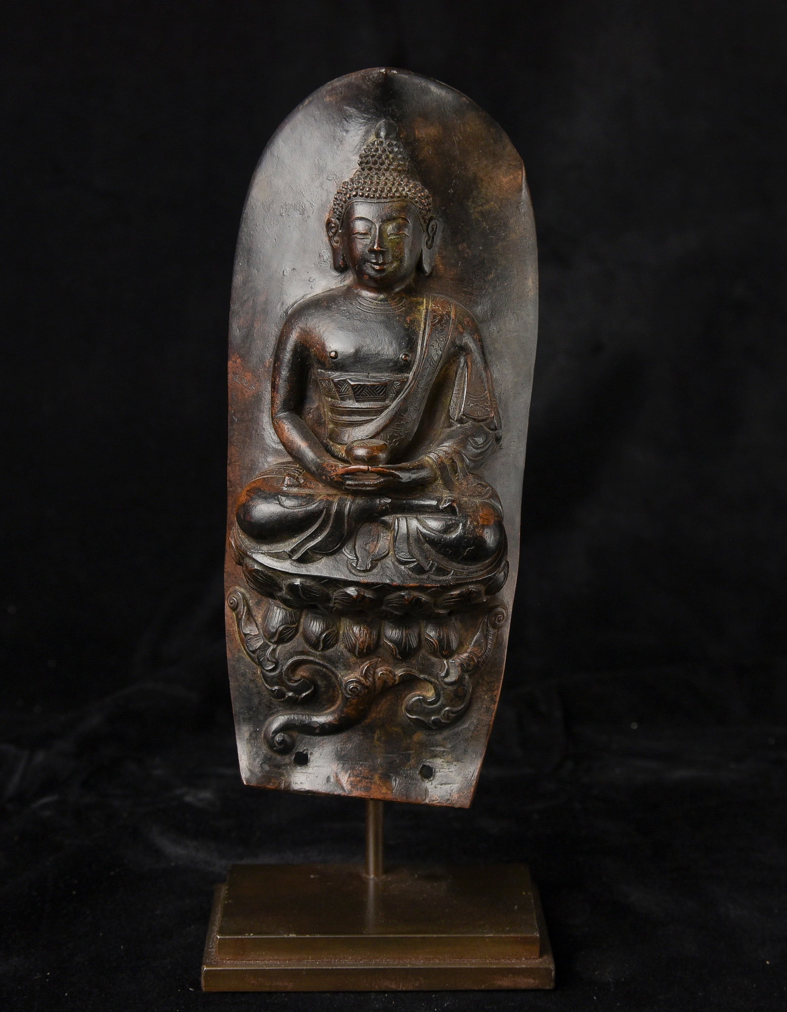 18thC Tibetan Buddha, 7" Tall: Late 18th Century Tibetan Buddha was done in a combination of copper repousse and bronze casting. 7 inches tall, 9 1/8 inches on a custom museum-style stand. Starting price lowered. ( 6.5"H x 2.75"W